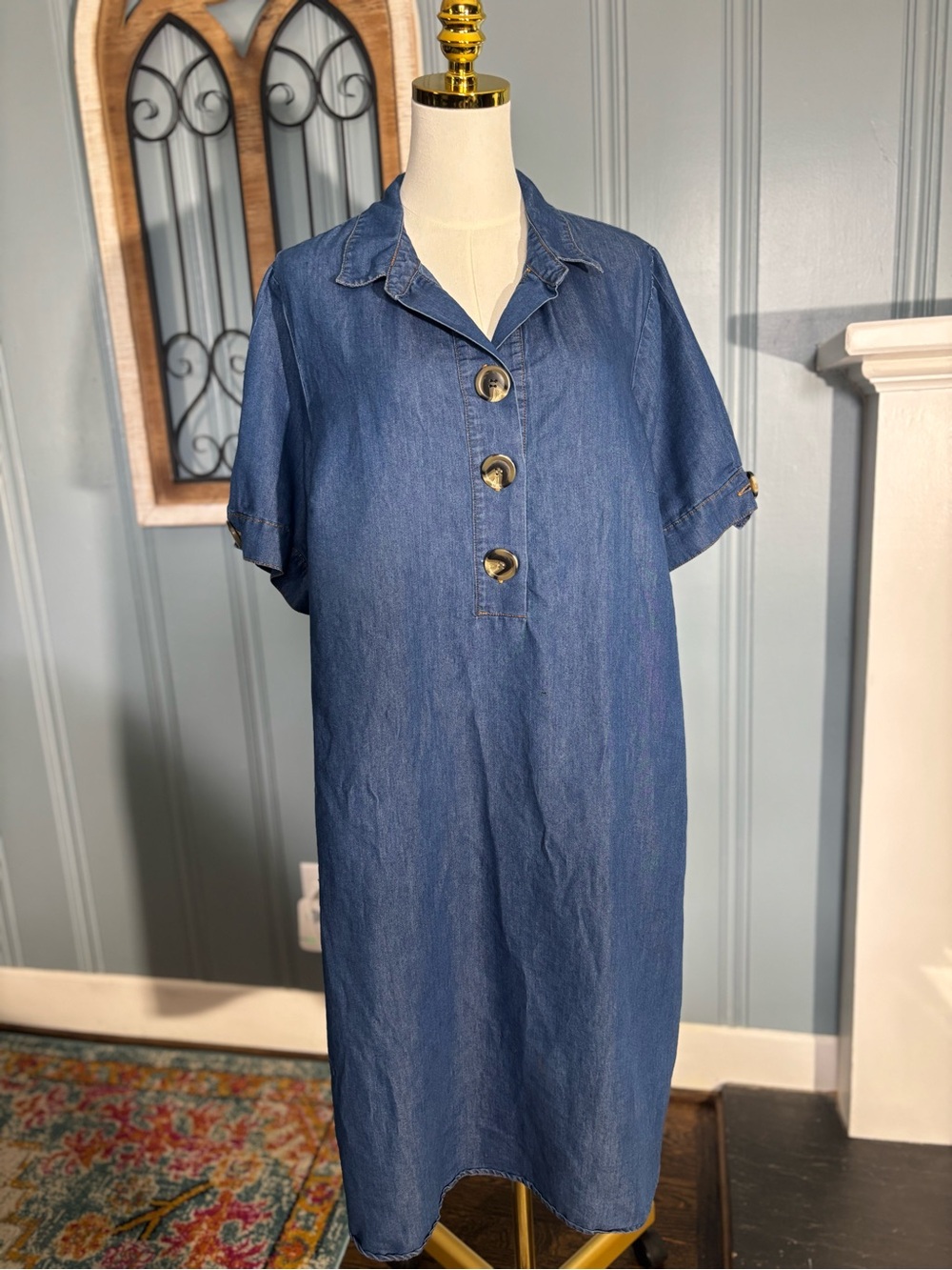 Prairie Western Cottage Blue Denim Shirt Dress XL Collared Button Knee Length